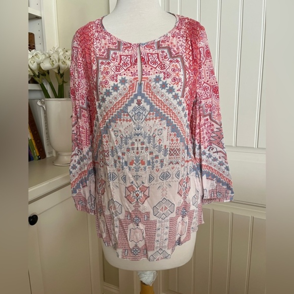 Crosby. Boho Long-Sleeve Aztec Print Blouse Shirt